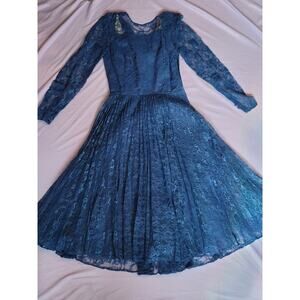 Vintage 1950s Blue Lace Dress Maude Jackson Norwich Pleated Cocktail S